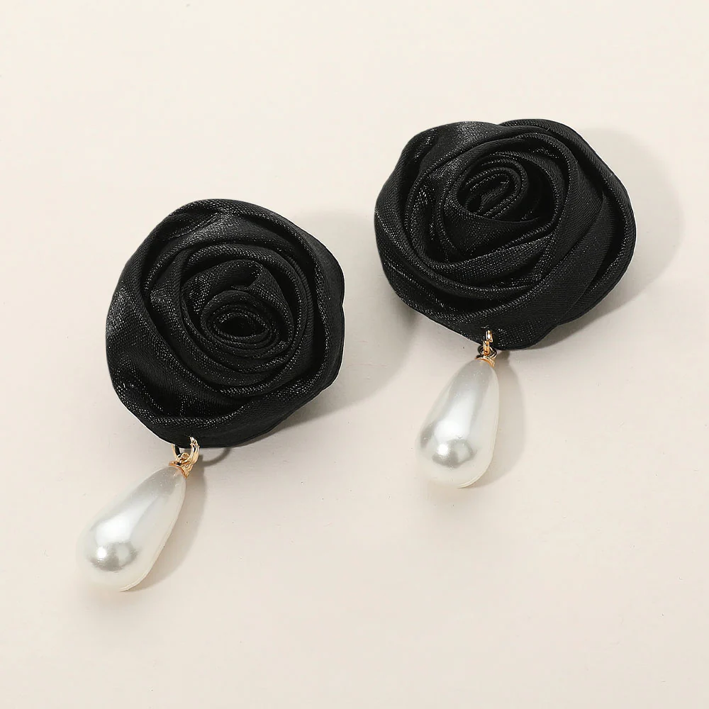 Teardrop Pearl Dangle Satin Rose Earrings - Image 3