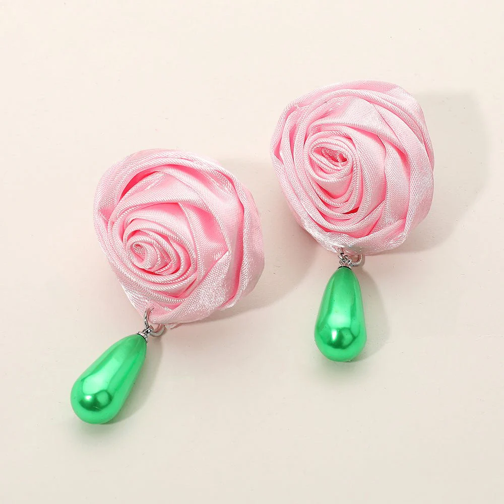Teardrop Pearl Dangle Satin Rose Earrings - Image 4