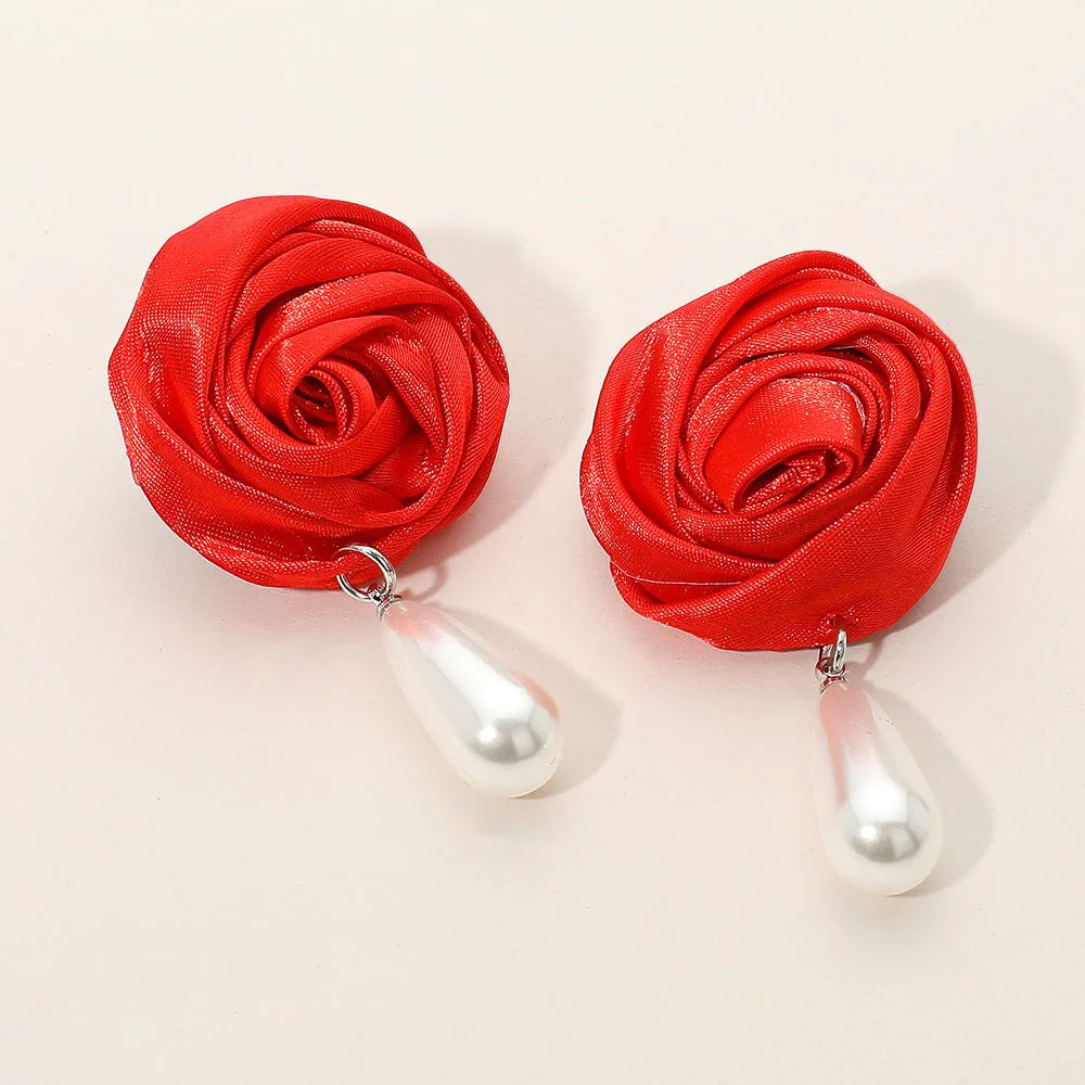 Teardrop Pearl Dangle Satin Rose Earrings - Image 5