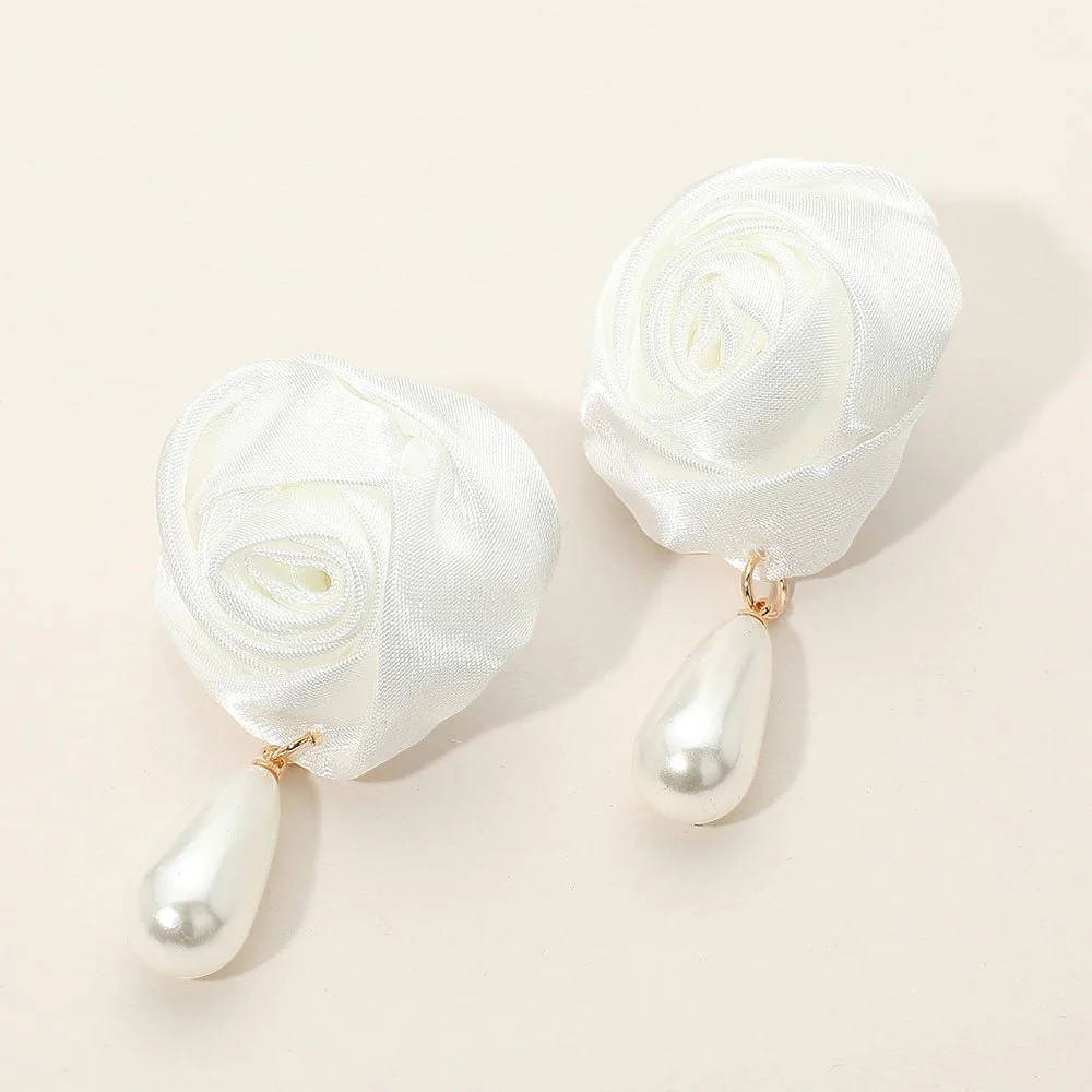 Teardrop Pearl Dangle Satin Rose Earrings - Image 6
