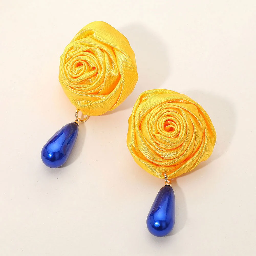 Teardrop Pearl Dangle Satin Rose Earrings - Image 7