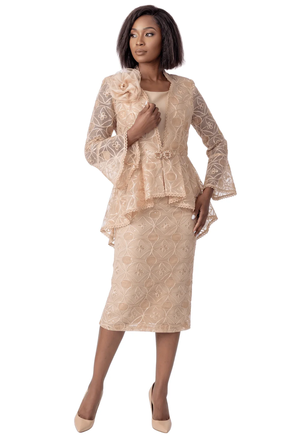 Embroidered Lace Peplum Skirt Suit by Terramina