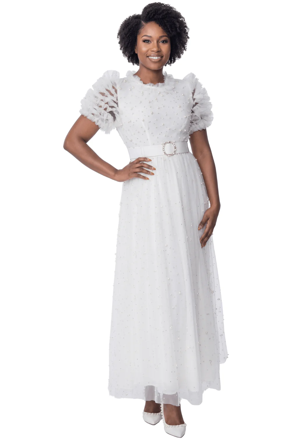 Pearl Embellished Tulle Maxi Dress by Terramina