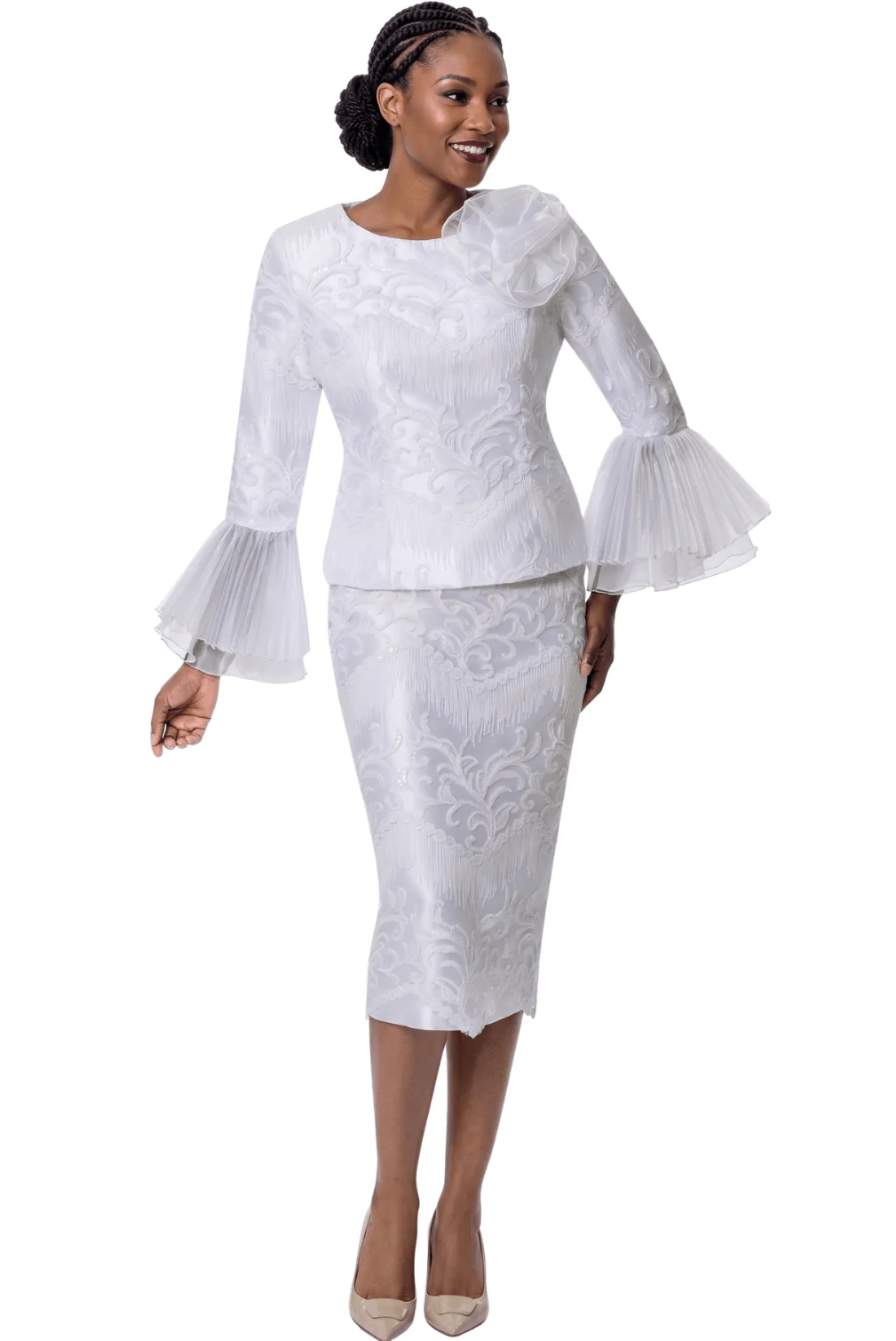 Pleated Bell Sleeve Skirt Suit by Terramina