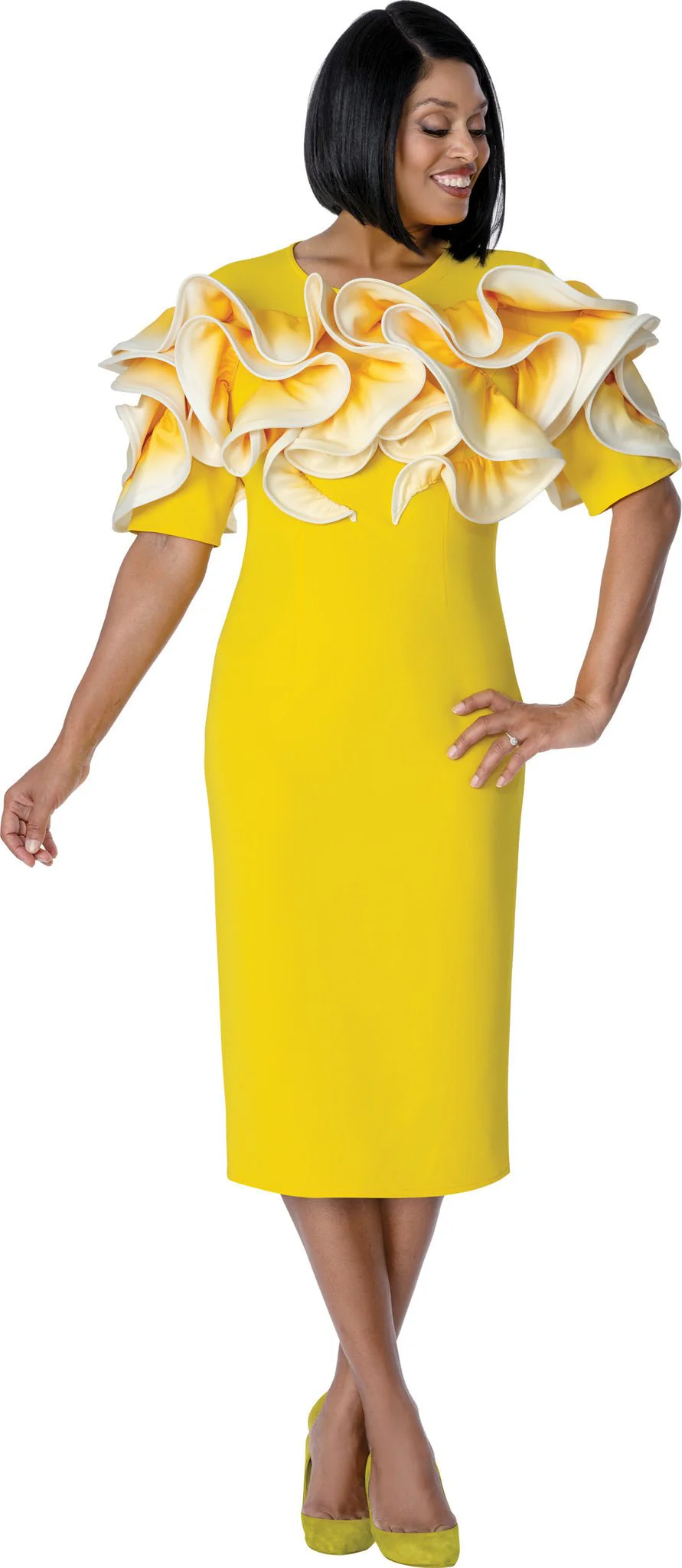 The "Sunrise" Ruffle Sheath Dress – Yellow & White SL600981