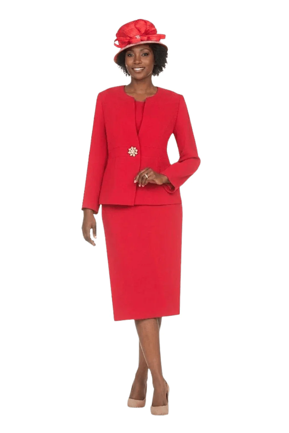 Timeless 3pc Skirt Suit with Jewel Brooch-Plus
