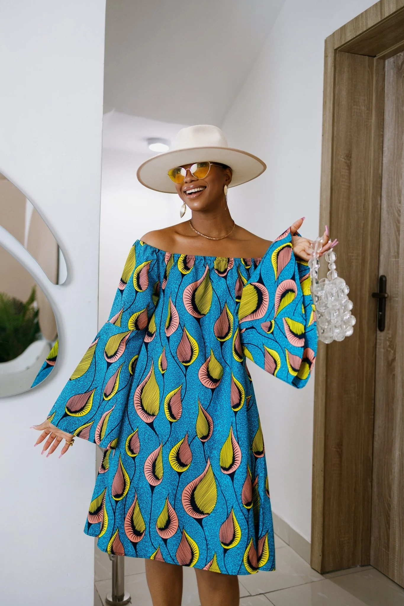 TIYE AFRICAN PRINT OFF SHOULDER DRESS [TEAL] - Image 2