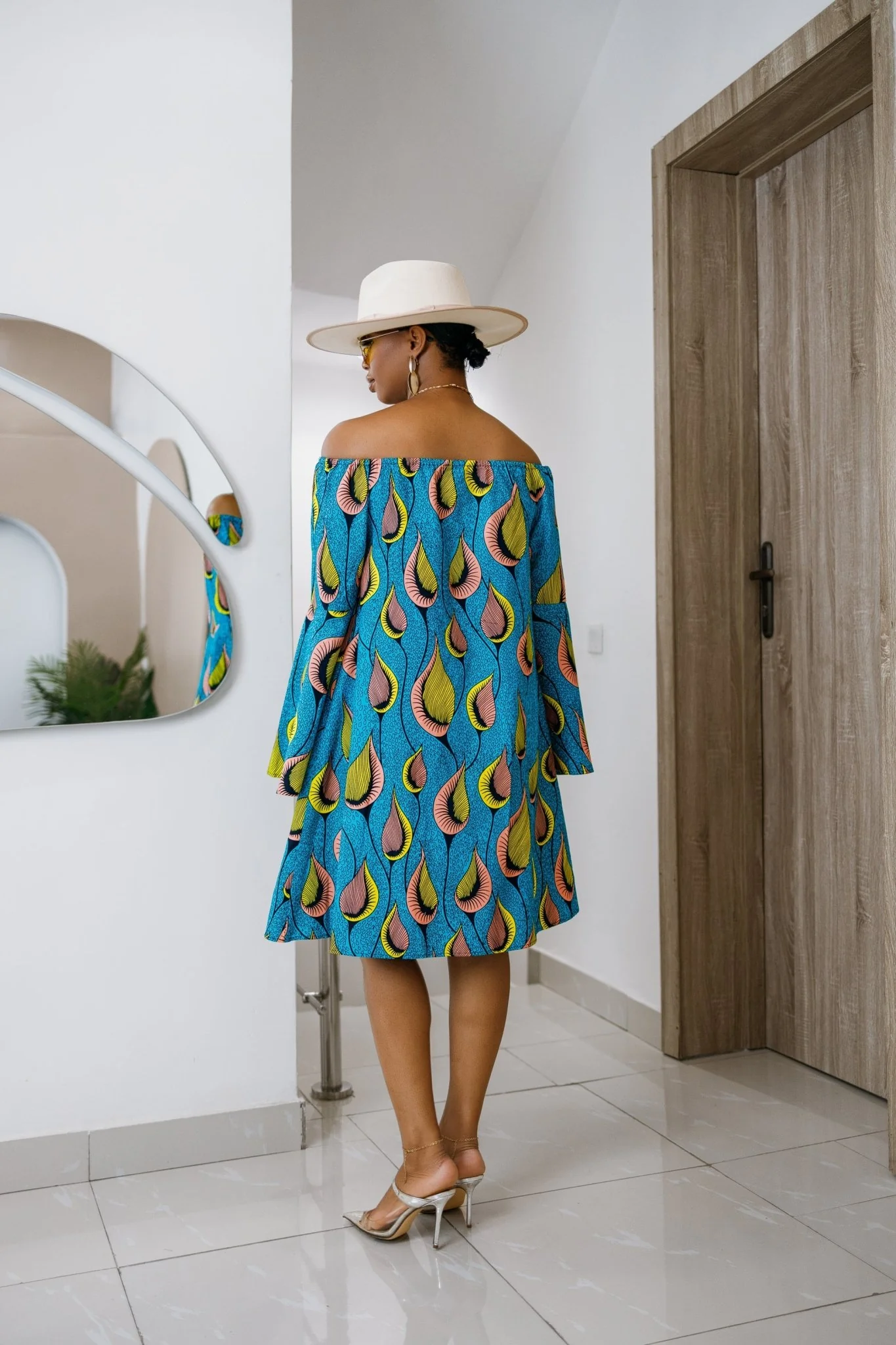 TIYE AFRICAN PRINT OFF SHOULDER DRESS [TEAL] - Image 4