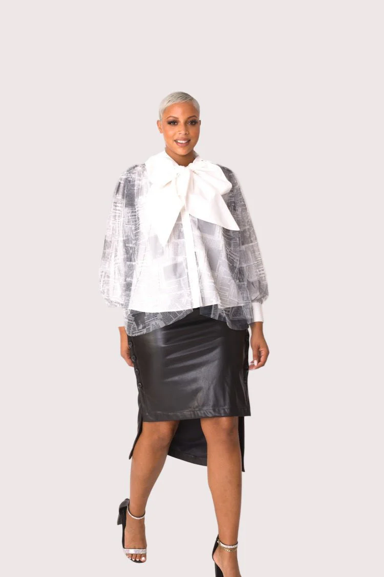 Tulle Puff Sleeve Top with Bow Collar 81922 – Statement Blouse - Image 10