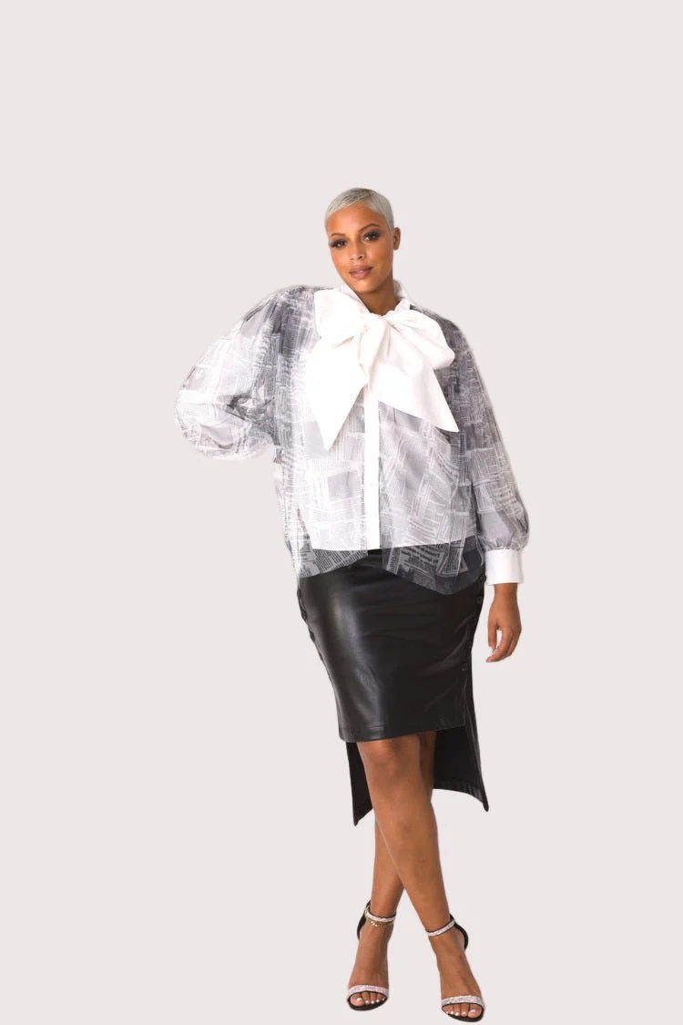 Tulle Puff Sleeve Top with Bow Collar 81922 – Statement Blouse - Image 9