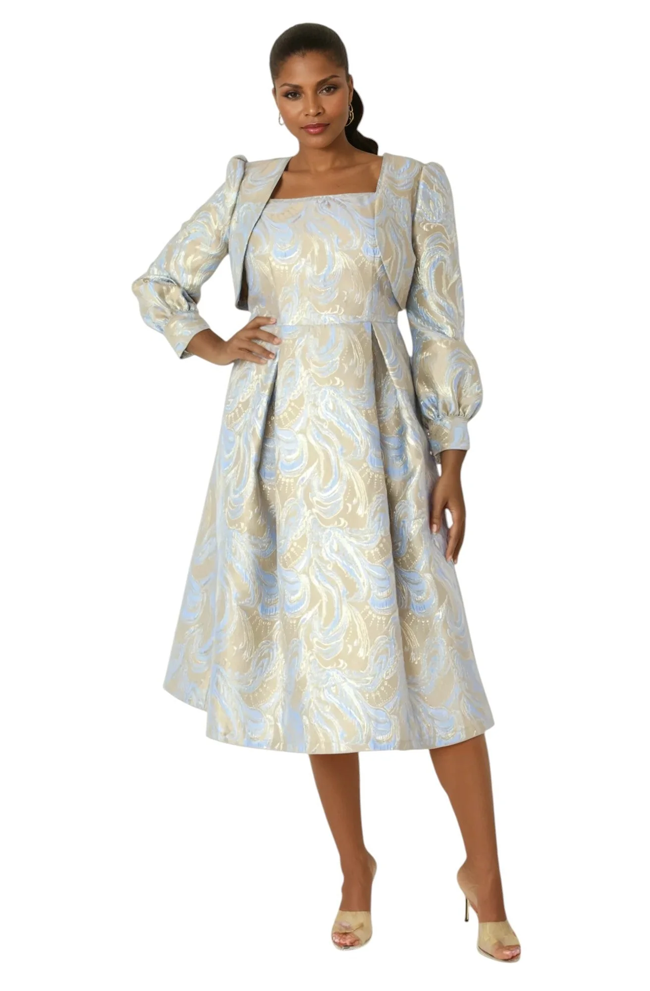 Two-Piece Metallic Swirl Brocade Dress with Balloon Sleeve Jacket- 4889