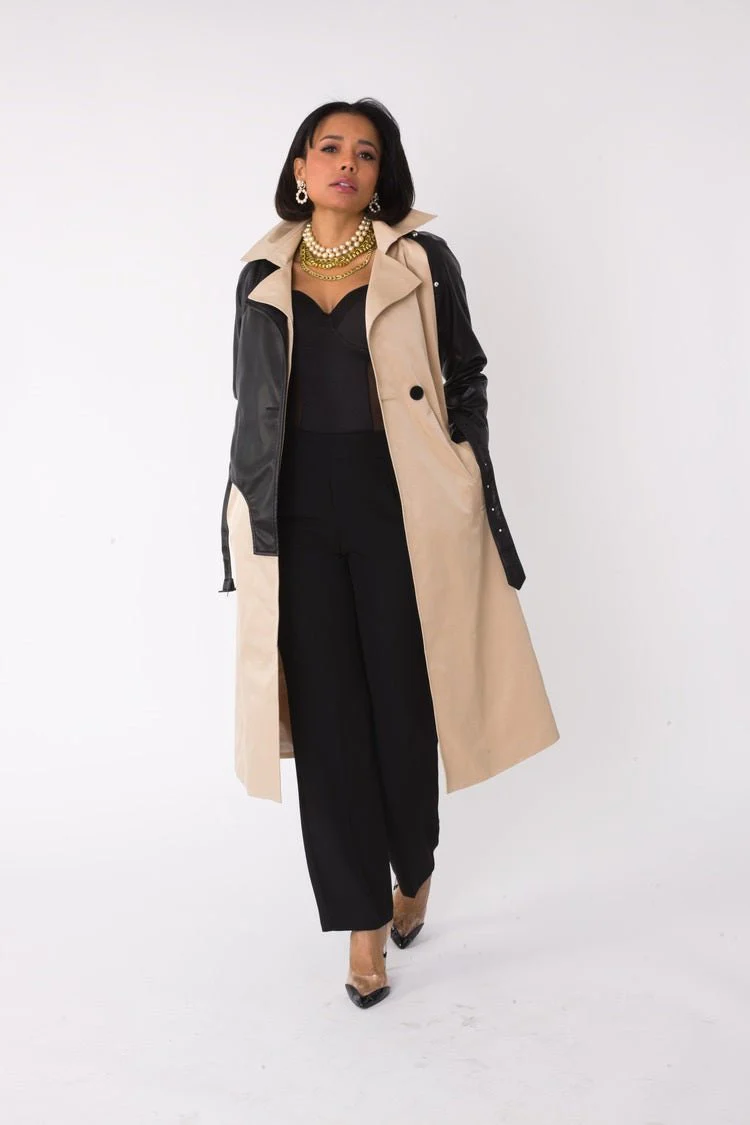 Two-Tone Leather Sleeve Trench Coat -82525 - Image 2