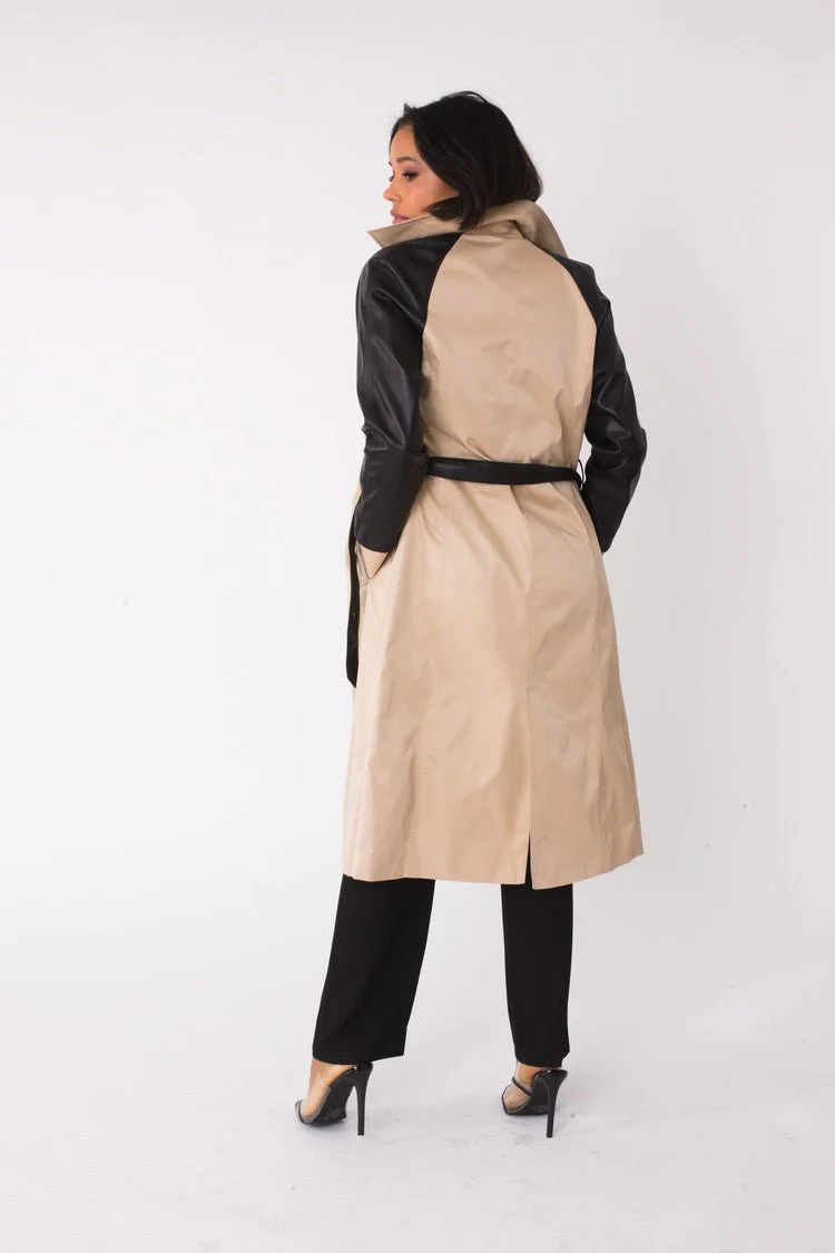 Two-Tone Leather Sleeve Trench Coat -82525 - Image 3