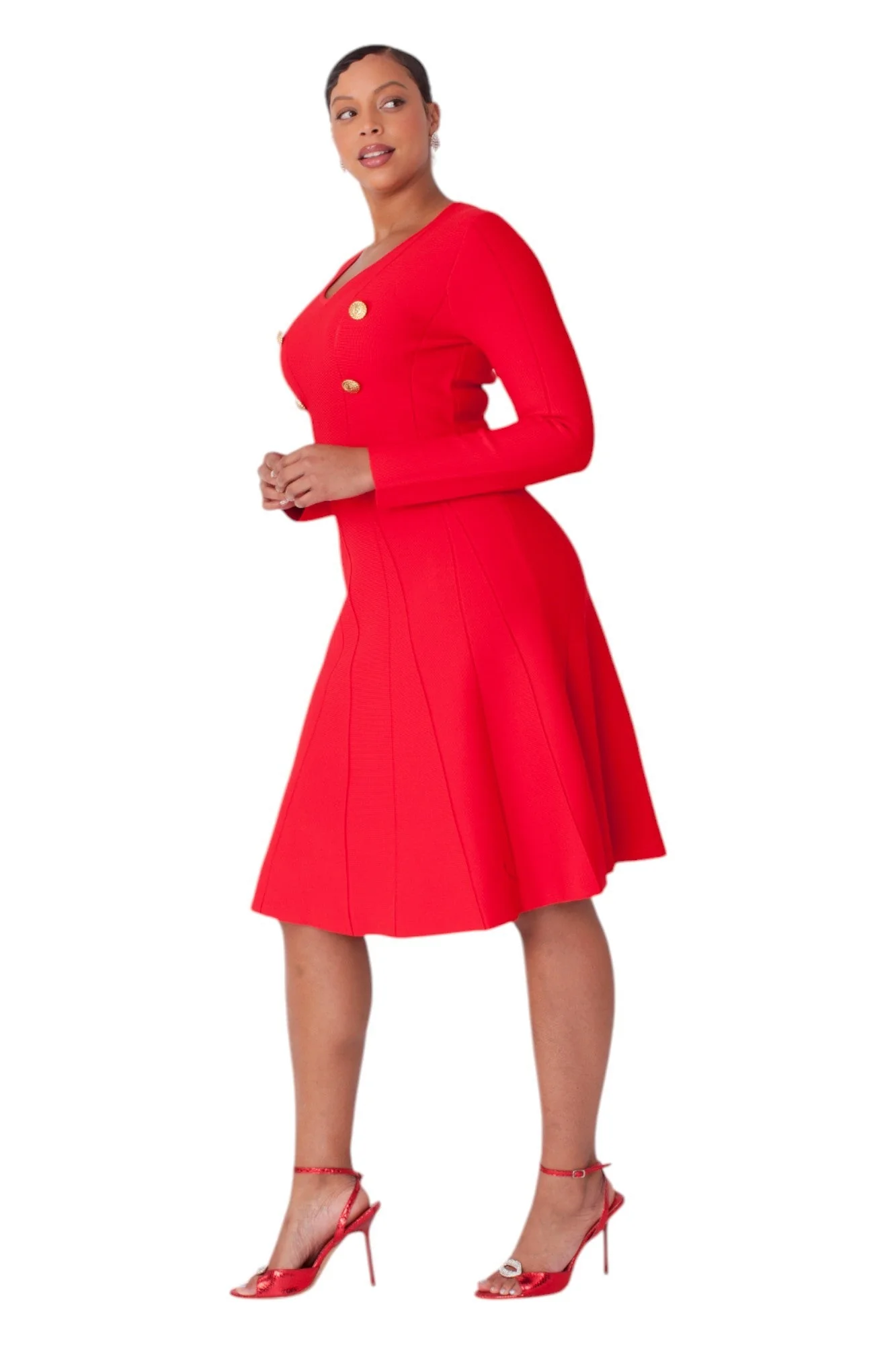 V-Neck Knit Dress with Gold Button Details- 51001 - Image 2