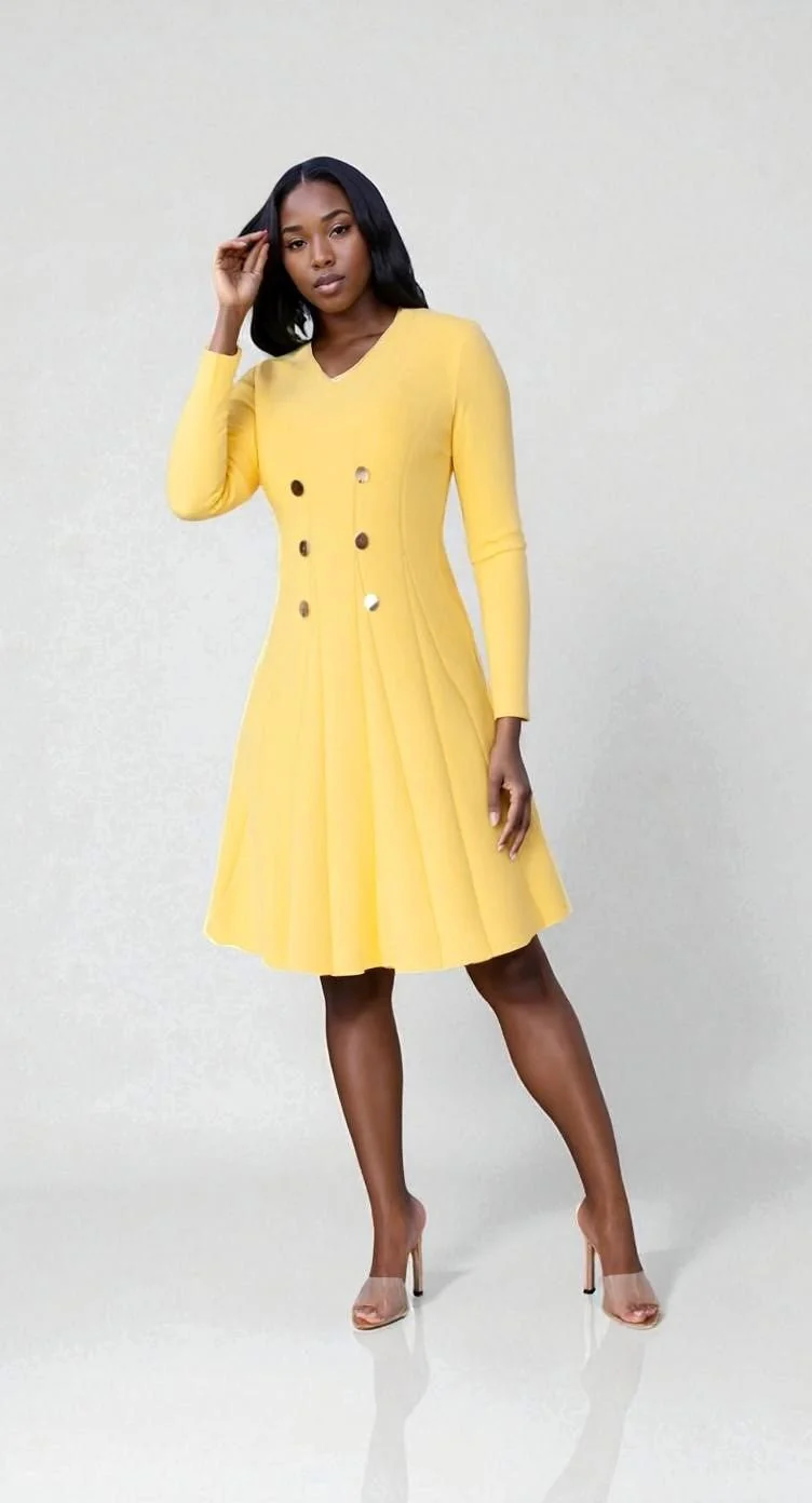 V-Neck Knit Dress with Gold Button Details- 51001 - Image 3