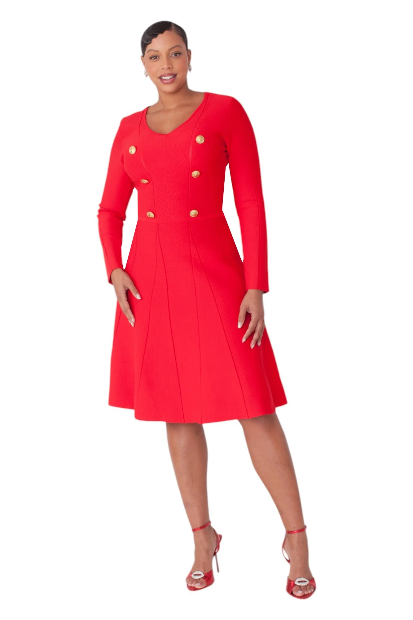 V-Neck Knit Dress with Gold Button Details- 51001 - Image 5