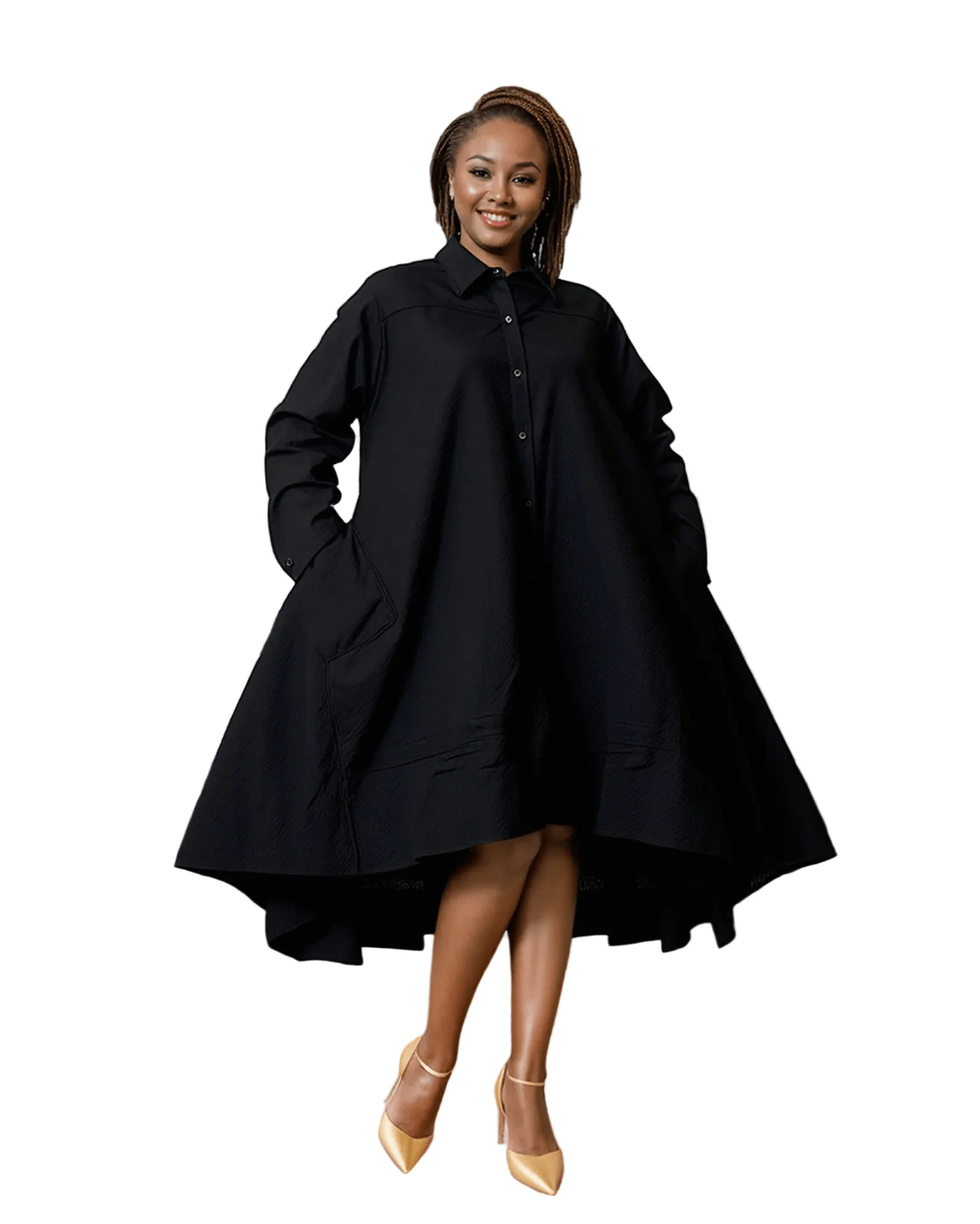 Victoria Button Down Solid Shirt Dress in High Low Style - Image 4