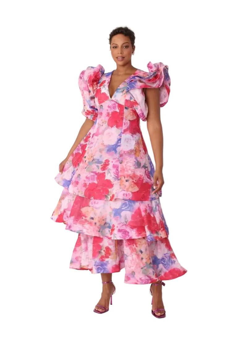 Watercolor Floral Tiered Midi Dress - 82663