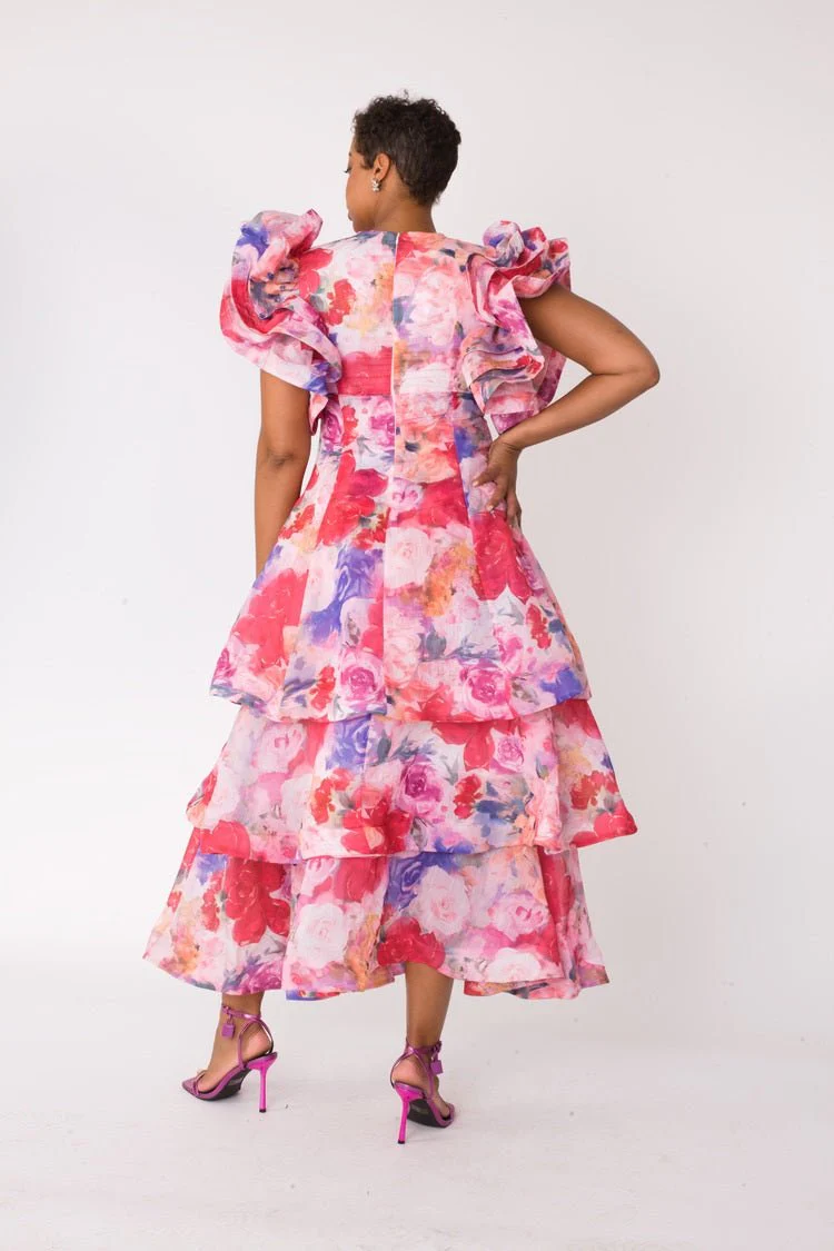 Watercolor Floral Tiered Midi Dress - 82663 - Image 4