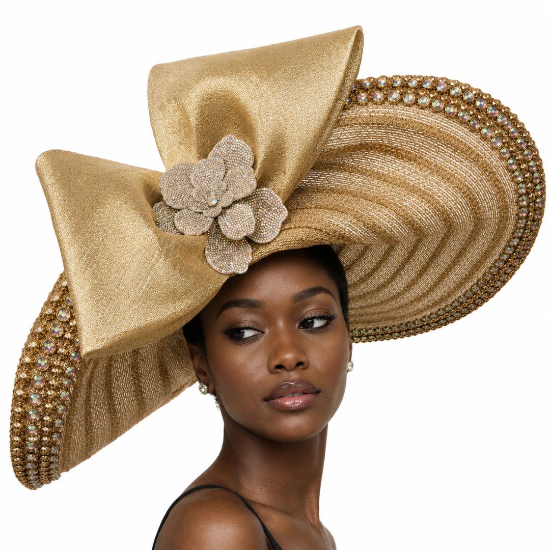 Paige Gold Wide Brim Couture Church Hat by Whittall and Shon