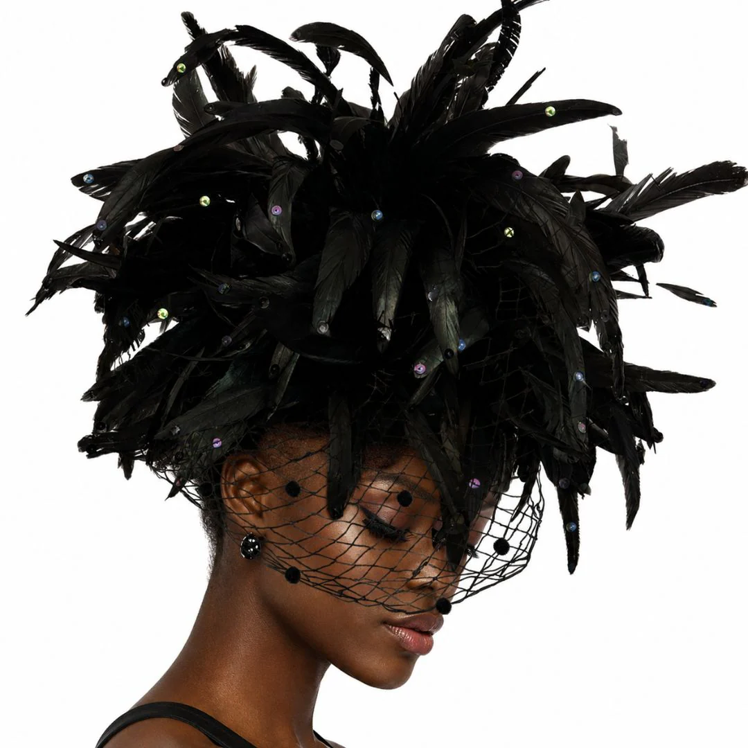 Regalia Black Feather Veil Fascinator Hat by Whittall and Shon