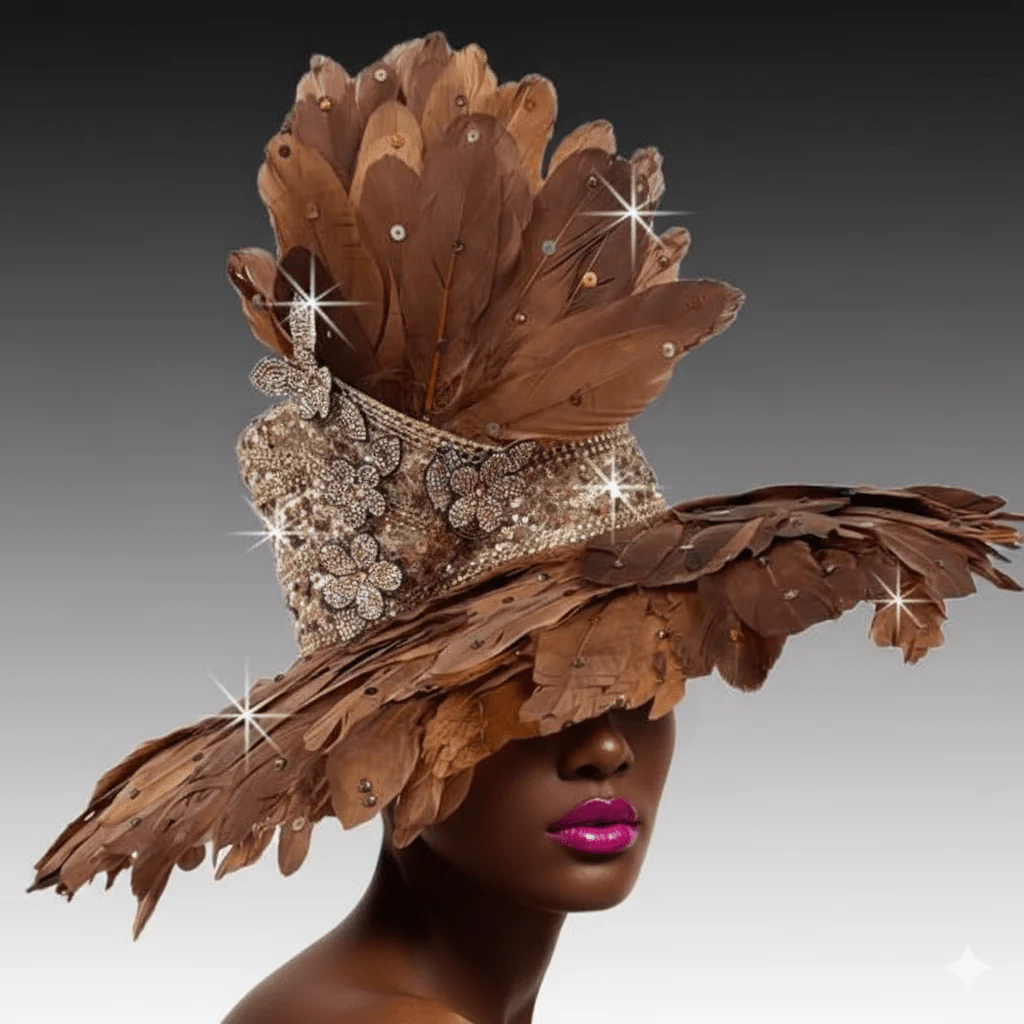 Chestnut Brown Feather Wide Brim Church Hat - Whittall & Shon