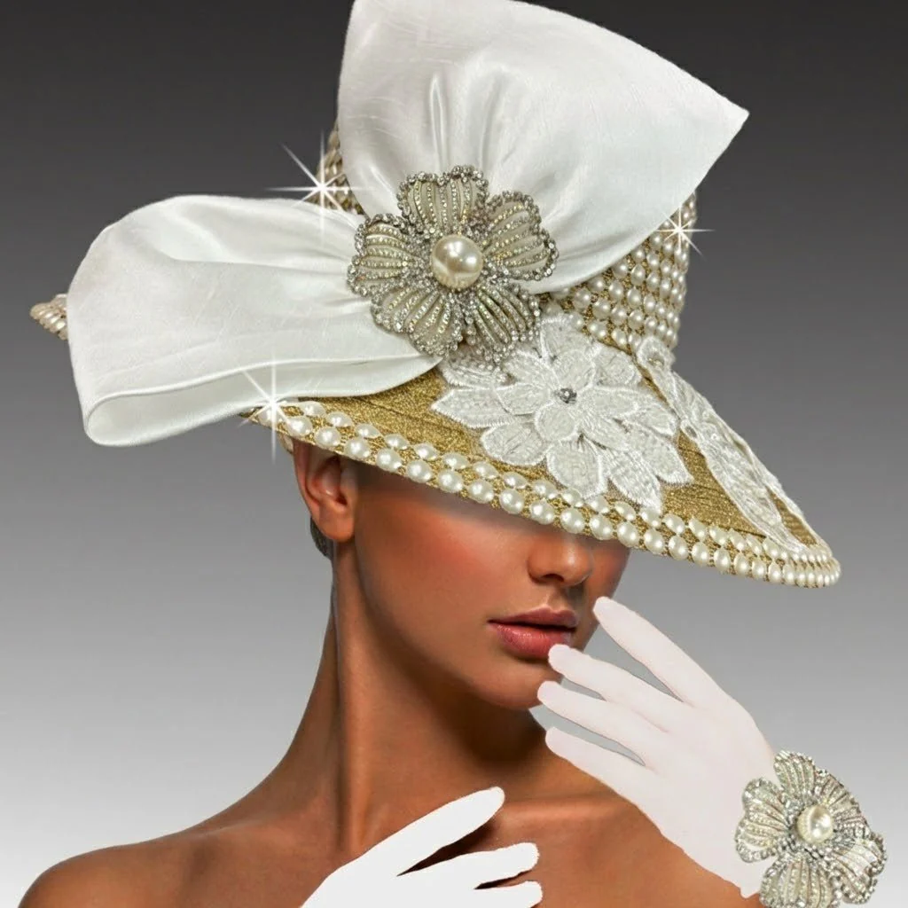 Immaculate Pearl and Gold Church Hat with Gloves - Whittall & Shon