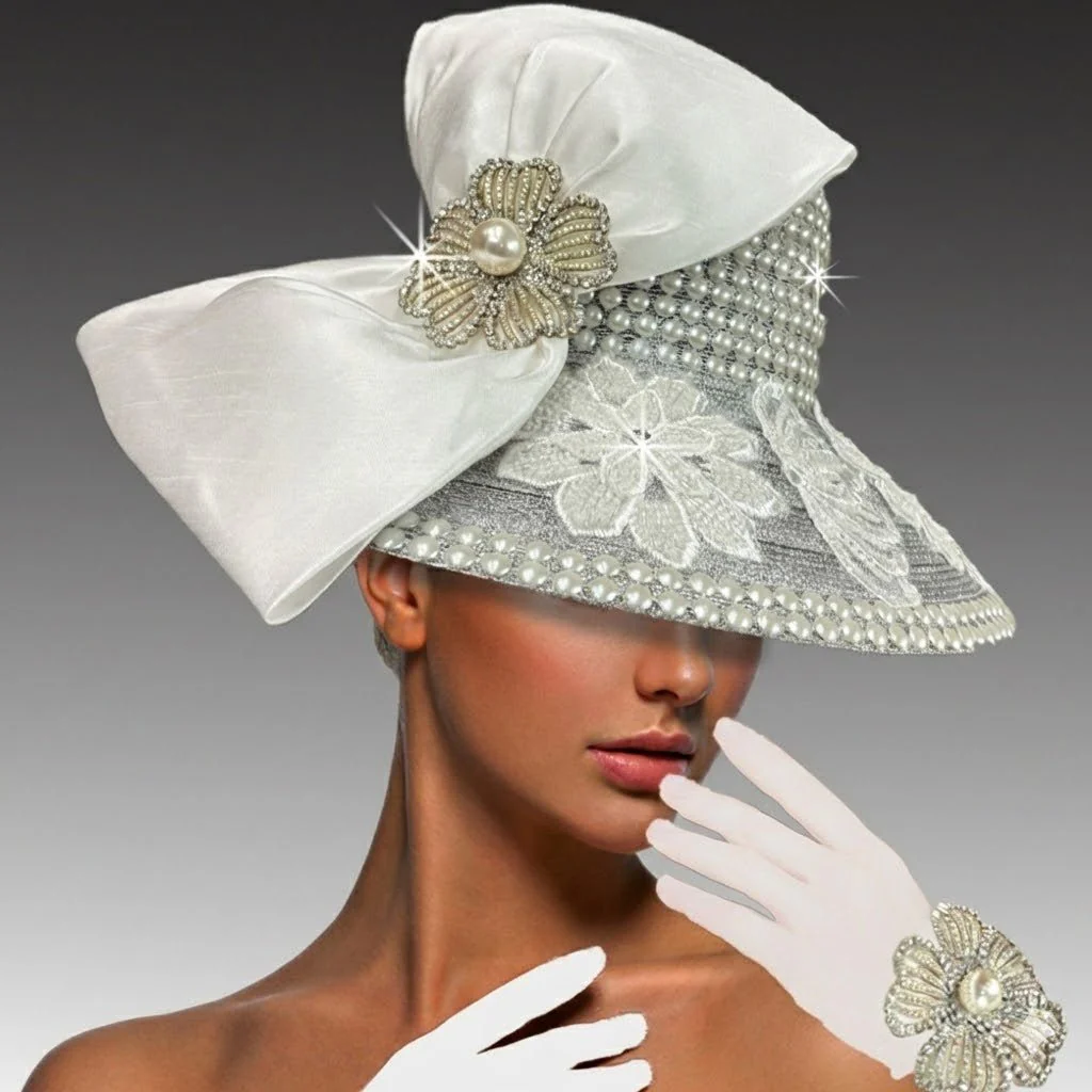 Immaculate Pearl and Gold Church Hat with Gloves - Whittall & Shon - Image 3