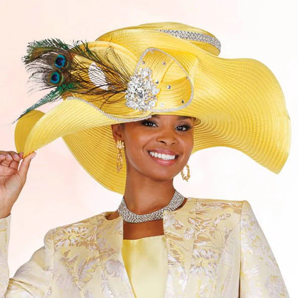 Wide Brim Church Hat with Peacock Feather & Crystal Detail H6217