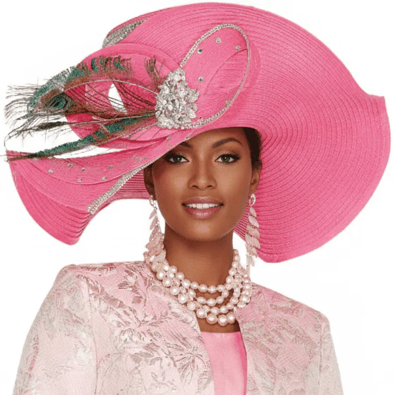 Wide Brim Church Hat with Peacock Feather & Crystal Detail H6217 - Image 2