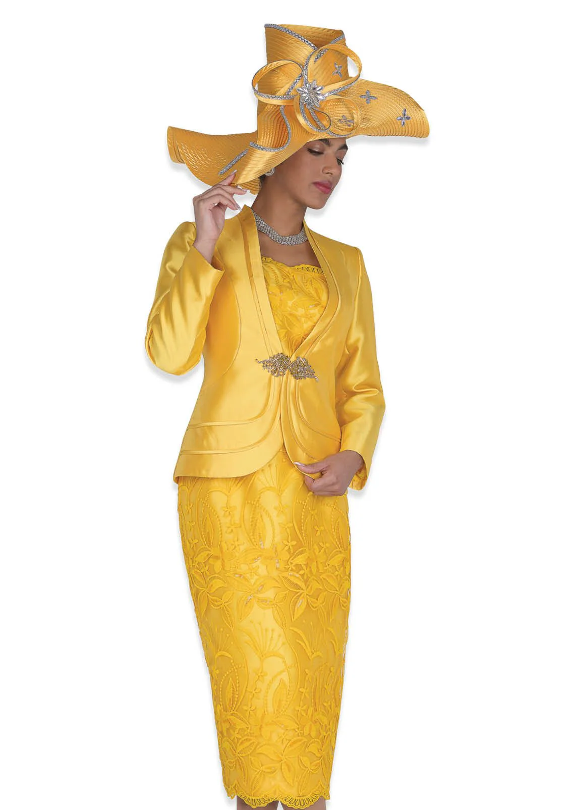 Women’s Gold Church Suit - Floral Lace Dress, Satin Jacket - 6213