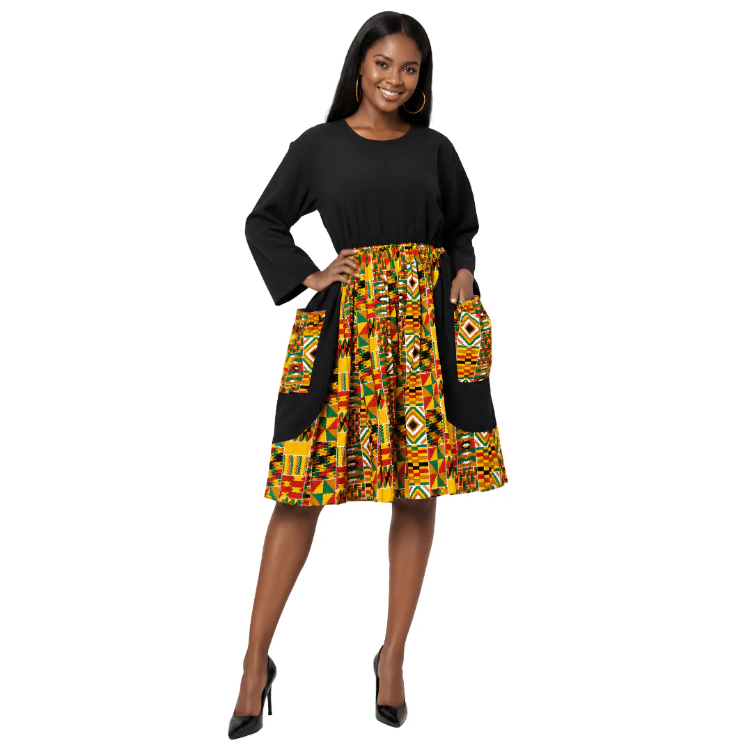 Women's Duo-Tone Solid & African Printed Dress | Round Neckline | Long Sleeves