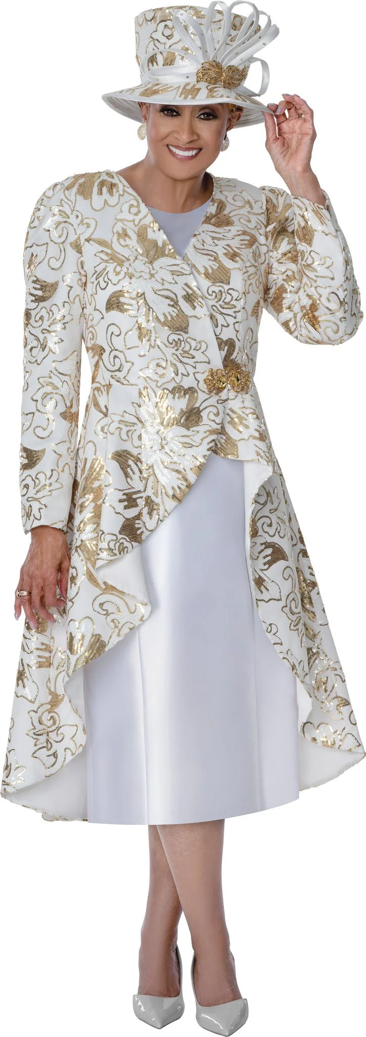 Women's Gold Floral Sequin High-Low Jacket & Sheath Dress Set DCC310152